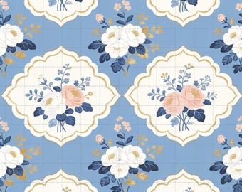 Porcelain Blossom Floral Digital Paper, Blue Pink Roses, Vintage Damask Seamless Pattern (3in Sample, Digital Download)