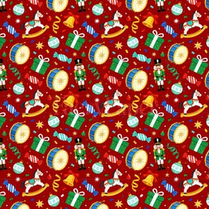 Christmas Toys Digital Paper, Nutcracker Rocking Horse Scrapbook Paper, Festive Digital Paper Pack, Holiday, Seamless Pattern (3in Sample) image 2