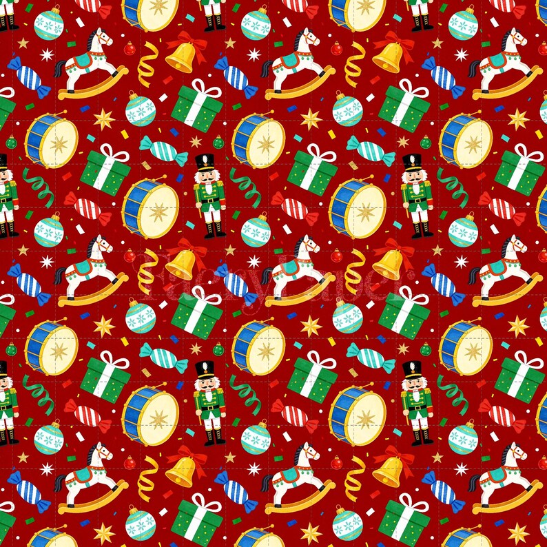 Christmas Toys Digital Paper, Nutcracker Rocking Horse Scrapbook Paper, Festive Digital Paper Pack, Holiday, Seamless Pattern (3in Sample) image 2