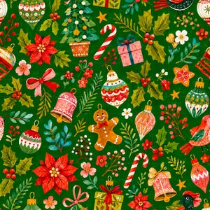Christmas Ornaments Digital Paper, Holiday Digital Paper Pack, Festive Scrapbook Paper, Gingerbread Poinsettia (3in Sample)