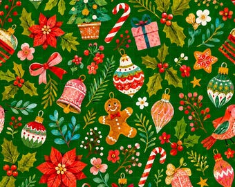 Christmas Ornaments Digital Paper, Holiday Digital Paper Pack, Festive Scrapbook Paper, Gingerbread Poinsettia (3in Sample)