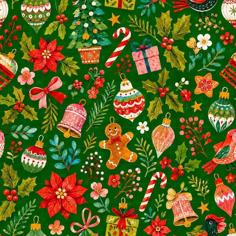 Christmas Ornaments Digital Paper, Holiday Digital Paper Pack, Festive Scrapbook Paper, Gingerbread Poinsettia (3in Sample) image 1