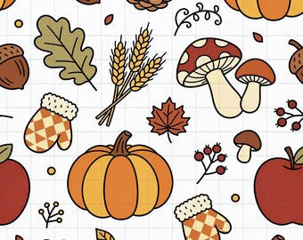 Pumpkin Digital Paper, Autumn Fall Scrapbook Paper Pack, Hand-Drawn Cottagecore Pumpkins Mushrooms, Seamless Pattern (3in Sample)