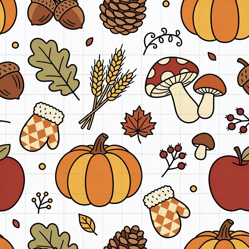 Pumpkin Digital Paper, Autumn Fall Scrapbook Paper Pack, Hand-Drawn Cottagecore Pumpkins Mushrooms, Seamless Pattern (3in Sample) image 1