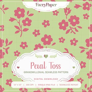 May include: A digital seamless pattern called "Petal Toss" featuring a light green backdrop with a repeating design of pink flowers and leaves. The pattern includes the text "Grandmillenial Seamless Pattern" and "Digital Download".