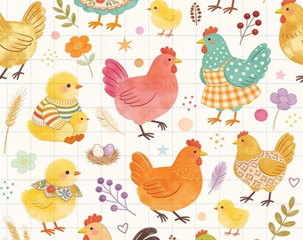 Watercolor Farm Chickens Digital Paper Pack (3in Sample)