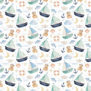Nautical Sailboat Digital Paper, Baby Boy Nursery Scrapbook Paper Pack, Teddy Bear Digital Paper, Seamless Pattern (3in Sample) image 2