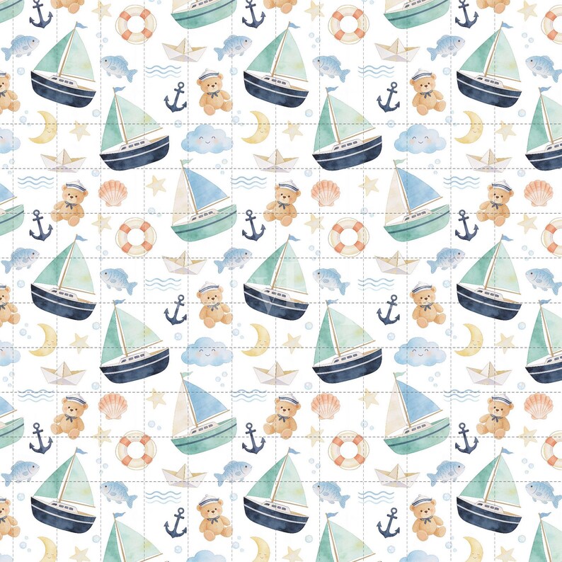 Nautical Sailboat Digital Paper, Baby Boy Nursery Scrapbook Paper Pack, Teddy Bear Digital Paper, Seamless Pattern (3in Sample) image 2