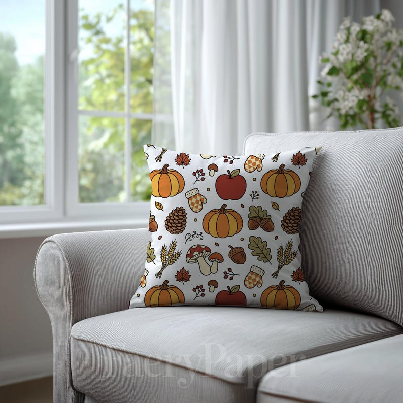 Pumpkin Digital Paper, Autumn Fall Scrapbook Paper Pack, Hand-Drawn Cottagecore Pumpkins Mushrooms, Seamless Pattern (3in Sample) image 6