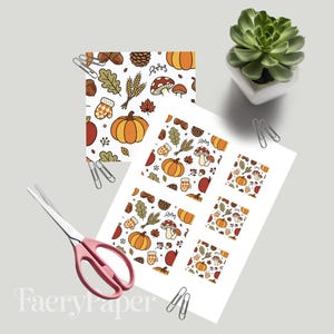 Pumpkin Digital Paper, Autumn Fall Scrapbook Paper Pack, Hand-Drawn Cottagecore Pumpkins Mushrooms, Seamless Pattern (3in Sample) image 3