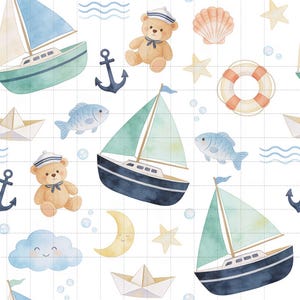 Nautical Sailboat Digital Paper, Baby Boy Nursery Scrapbook Paper Pack, Teddy Bear Digital Paper, Seamless Pattern (3in Sample) image 1