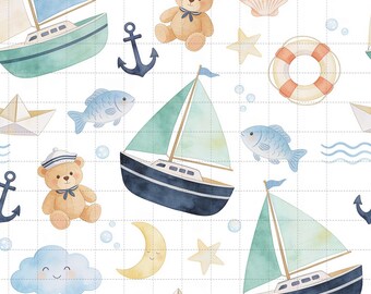 Nautical Sailboat Digital Paper, Baby Boy Nursery Scrapbook Paper Pack, Teddy Bear Digital Paper, Seamless Pattern (3in Sample)