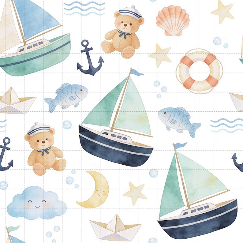 Nautical Sailboat Digital Paper, Baby Boy Nursery Scrapbook Paper Pack, Teddy Bear Digital Paper, Seamless Pattern (3in Sample) image 1