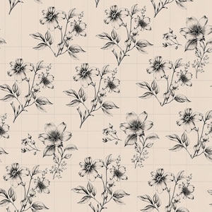 Hand-Drawn Botanical Flower Seamless Pattern, Black Line Art Digital Paper (3in Sample, Digital Download) image 1
