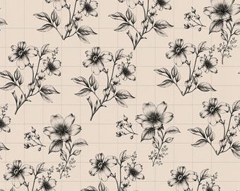 Hand-Drawn Botanical Flower Seamless Pattern, Black Line Art Digital Paper (3in Sample, Digital Download)