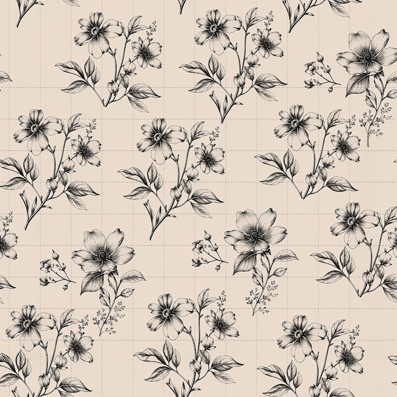 Hand-Drawn Botanical Flower Seamless Pattern, Black Line Art Digital Paper (3in Sample, Digital Download) image 1