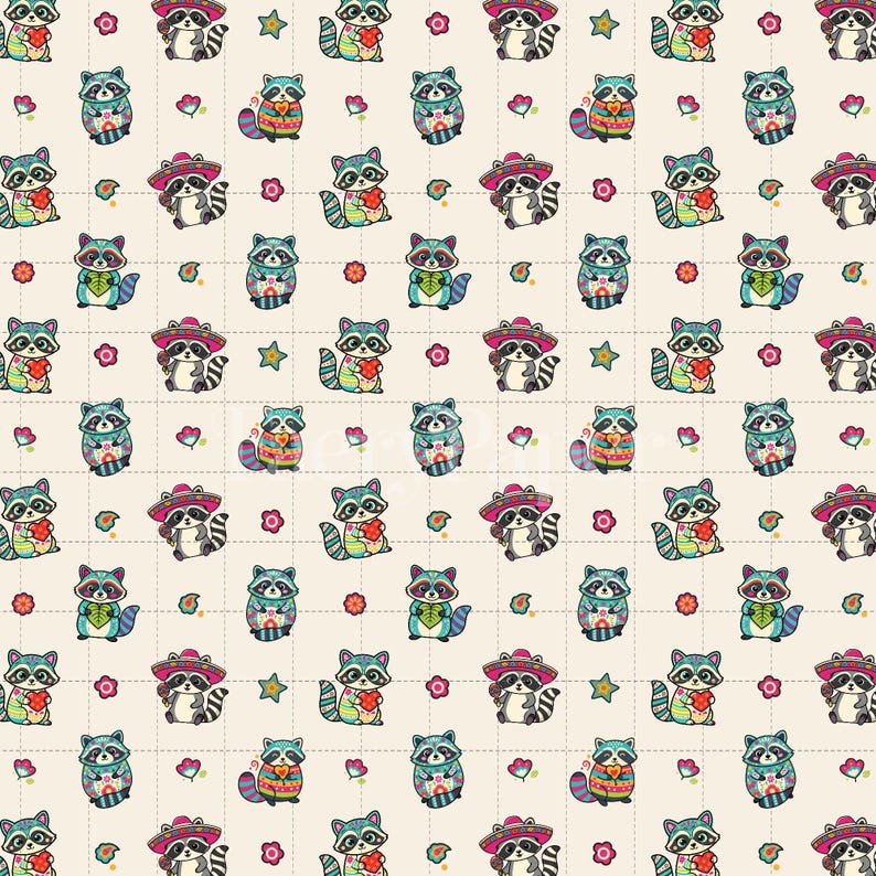 Fiesta Raccoon Seamless Pattern, Kawaii Digital Paper, Cinco De Mayo Print (3in Sample, Digital Download) image 2