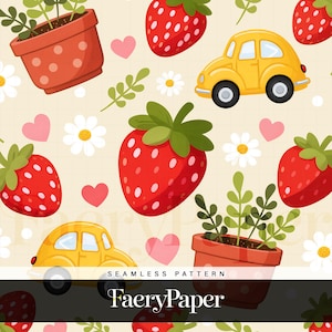 Berry Road Seamless Pattern - Jordgubb Digitalt Papper för Sublimering, Scrapbook, POD