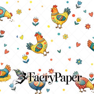Hens Seamless Pattern Digital Download - Cottagecore Cow Chicken Print, Pastel Nursery Fabric Design