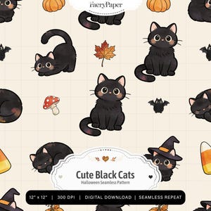Black Cat Halloween Seamless Pattern, Kawaii Spooky Cats, Cottagecore Digital Paper (Digital Download)