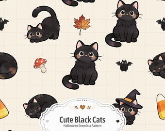 Black Cat Halloween Seamless Pattern, Kawaii Spooky Cats, Cottagecore Digital Paper (Digital Download)