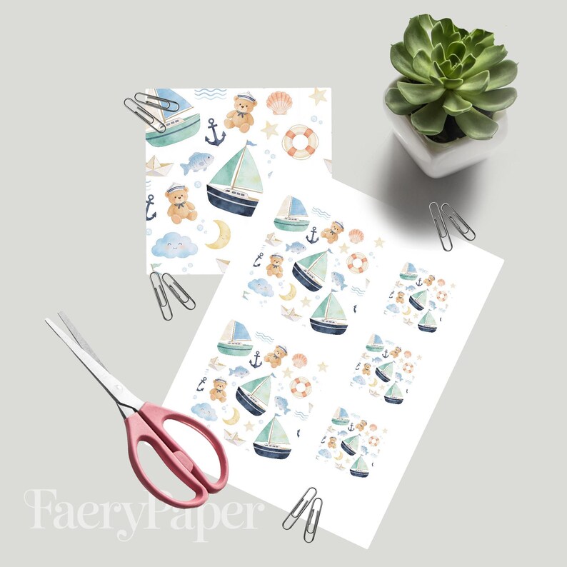 Nautical Sailboat Digital Paper, Baby Boy Nursery Scrapbook Paper Pack, Teddy Bear Digital Paper, Seamless Pattern (3in Sample) image 3