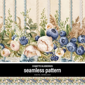 Femenine  Seamless Pattern with Blue Blueberries and Blue Bows - Digital Paper in 4 sizes