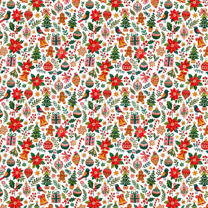 Christmas Digital Paper, Poinsettia Ornament Digital Paper Pack, Watercolor Holiday Scrapbook Paper, Seamless Pattern (3in Sample) image 2