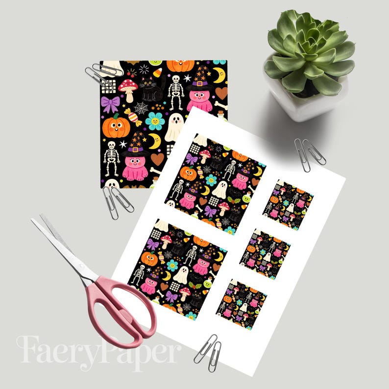 Spooky Cuties Halloween Digital Paper Pack, Kawaii Pumpkins Ghosts Witches (3in Sample, Digital Download) image 3