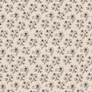 Hand-Drawn Botanical Flower Seamless Pattern, Black Line Art Digital Paper (3in Sample, Digital Download) image 2