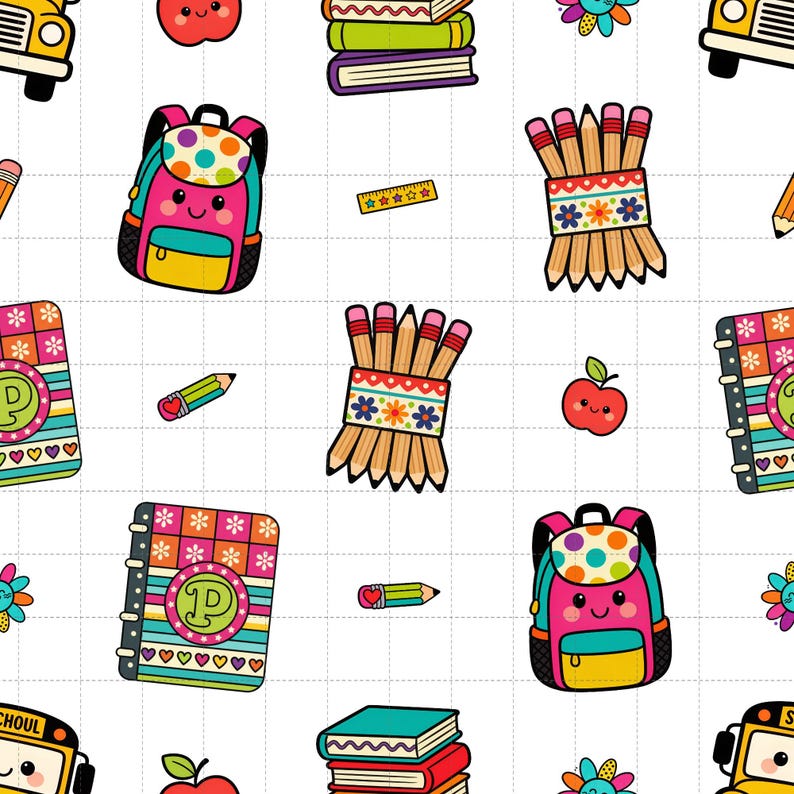 Back to School Seamless Pattern, School Supplies Digital Paper (3in Sample) image 1