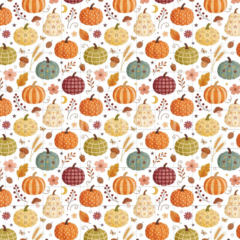 Harvest Pumpkins Digital Paper Pack, Boho Cottagecore Floral Autumn Scrapbook Backgrounds (3in Sample, Digital Download) image 2