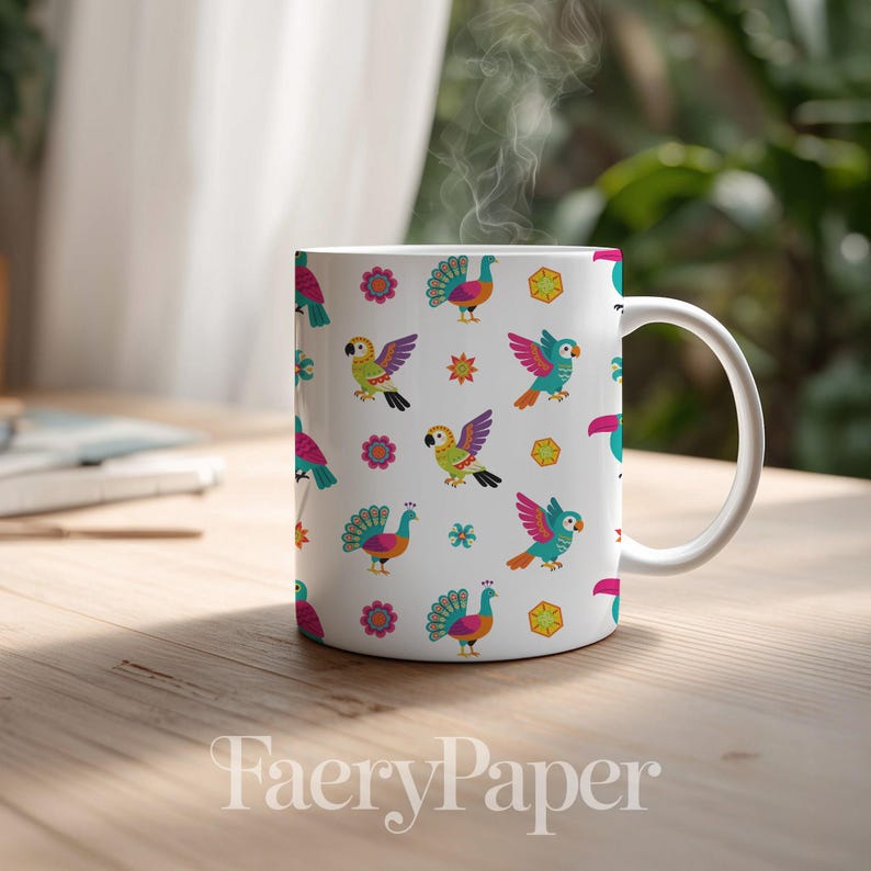 Tropical Birds Seamless Pattern, Hand-Drawn Folk Art Digital Paper (3in Sample, Digital Download) image 7