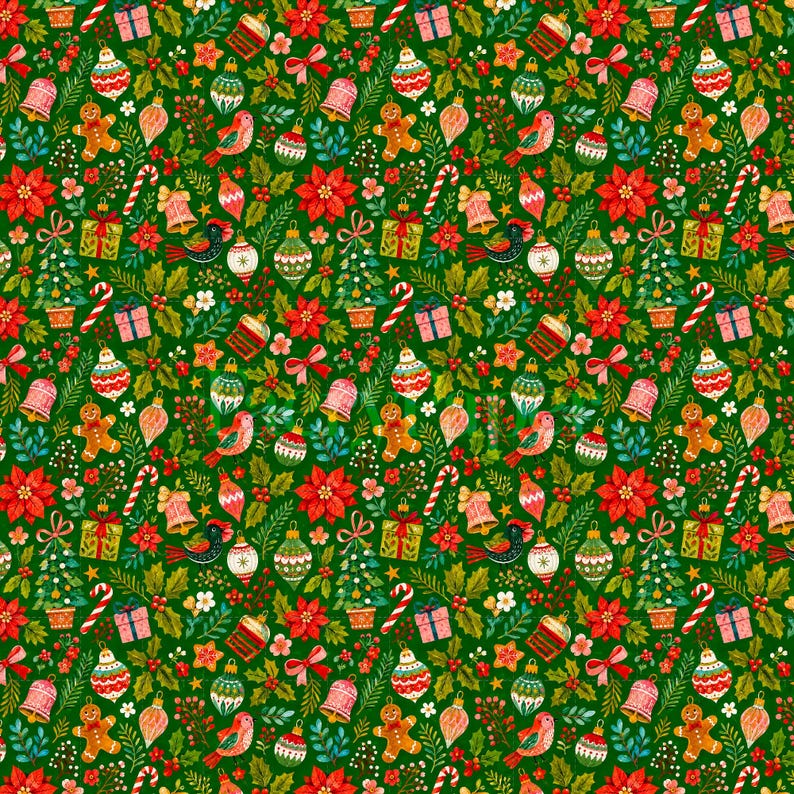 Christmas Ornaments Digital Paper, Holiday Digital Paper Pack, Festive Scrapbook Paper, Gingerbread Poinsettia (3in Sample) image 2