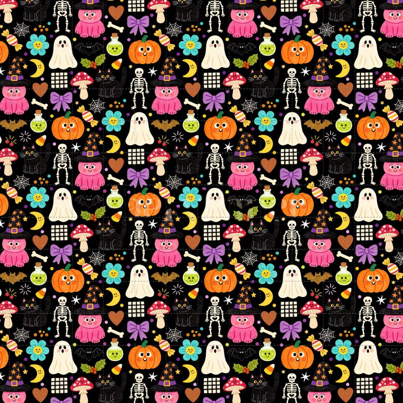 Spooky Cuties Halloween Digital Paper Pack, Kawaii Pumpkins Ghosts Witches (3in Sample, Digital Download) image 2