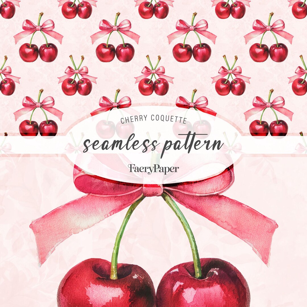 Coquette Seamless Pattern With Pink Bows and Red Cherries - Digital ...