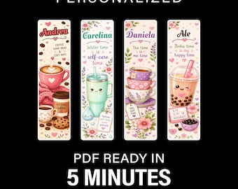 Personalized Kawaii Drink Bookmarks, Custom Name Bundle (Digital Download)