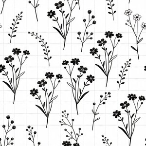 Wildflower Digital Paper, Botanical Line Art Scrapbook Paper, Black White Floral Digital Paper Pack, Seamless Pattern (3in Sample) image 1