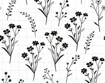 Wildflower Digital Paper, Botanical Line Art Scrapbook Paper, Black White Floral Digital Paper Pack, Seamless Pattern (3in Sample)