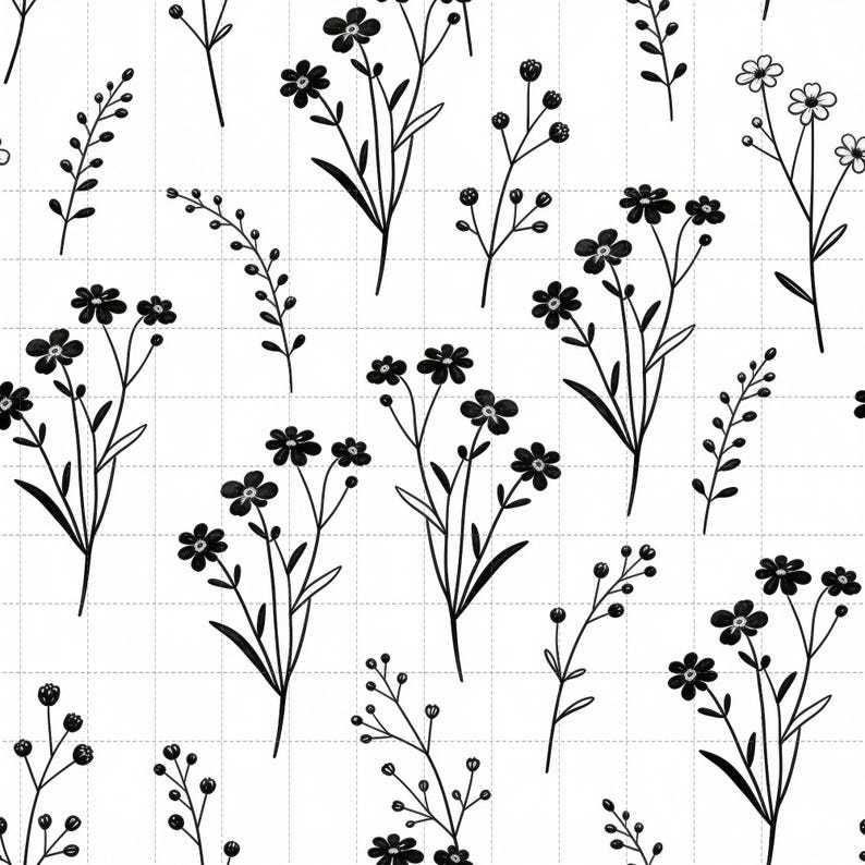 Wildflower Digital Paper, Botanical Line Art Scrapbook Paper, Black White Floral Digital Paper Pack, Seamless Pattern (3in Sample) image 1