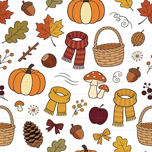 Autumn Digital Paper, Pumpkin Scarf Fall Scrapbook Paper, Cozy Hand-Drawn Autumn Digital Paper Pack, Seamless Pattern (3in Sample)