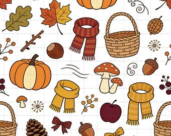 Autumn Digital Paper, Pumpkin Scarf Fall Scrapbook Paper, Cozy Hand-Drawn Autumn Digital Paper Pack, Seamless Pattern (3in Sample)