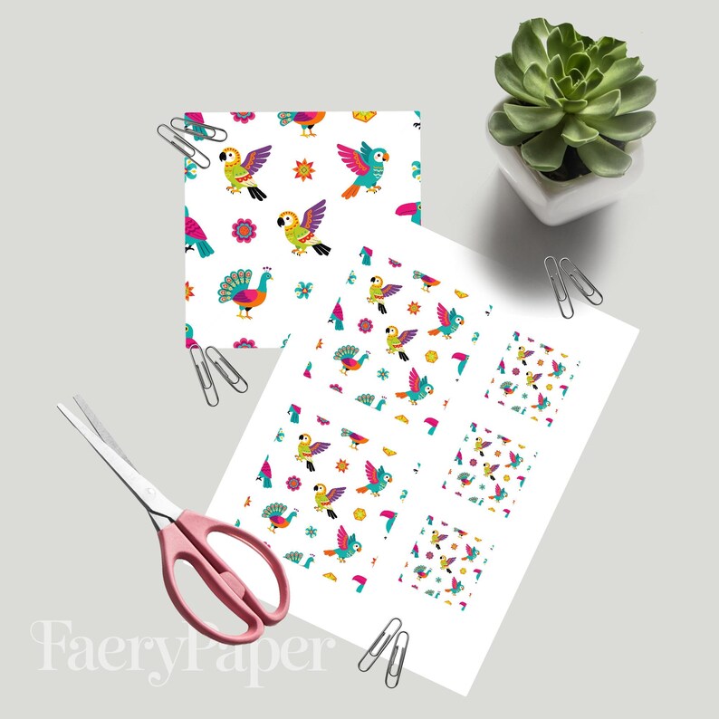Tropical Birds Seamless Pattern, Hand-Drawn Folk Art Digital Paper (3in Sample, Digital Download) image 3