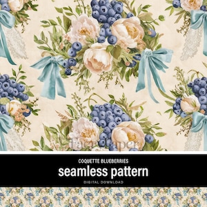 Country Wedding Seamless Pattern | Blueberries | Blue Bows - Digital Paper in 4 sizes