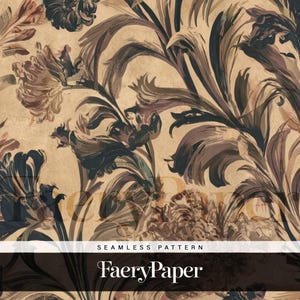 Peut inclure: Motif floral sans couture dans les tons marron, beige et bleu canard. Le motif présente des fleurs et des feuilles stylisées avec une esthétique vintage. Le texte "SEAMLESS PATTERN" et "FaeryPaper" sont visibles en bas.