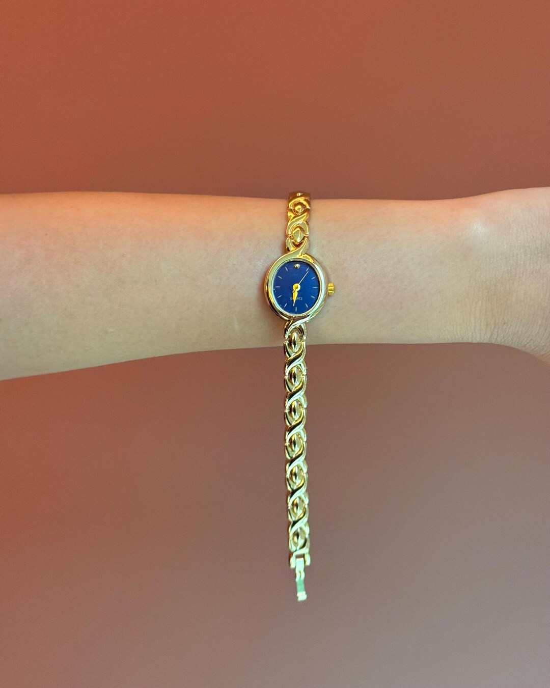 Vintage Gold Bracelet Watch, Navy Dial, Chain Strap - Etsy