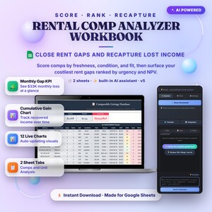 Rental Comp Analyzer Google Sheets Template — 3-Year Rent-Up Plan with AI Assistant afbeelding 1