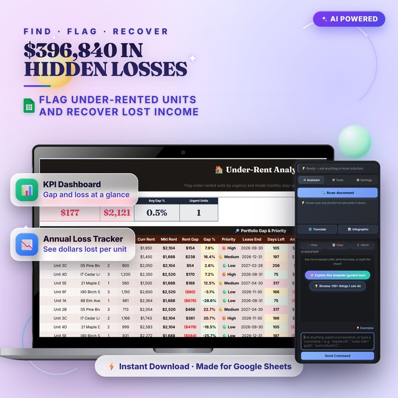 Rental Comp Analyzer Google Sheets Template — 3-Year Rent-Up Plan with AI Assistant afbeelding 3