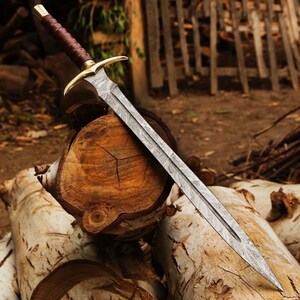 Handmade Damascus Steel Sword | Ram's Horn Brass Guard | Leather Wrapped Handle | Viking Ranger Style | Medieval Display Sword