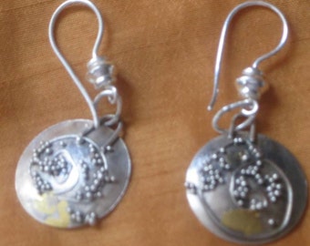 Argentium-silver earrings  for pierced ears,  with Granulated Argentinum silver and 24 K gold Keum-Boo  .